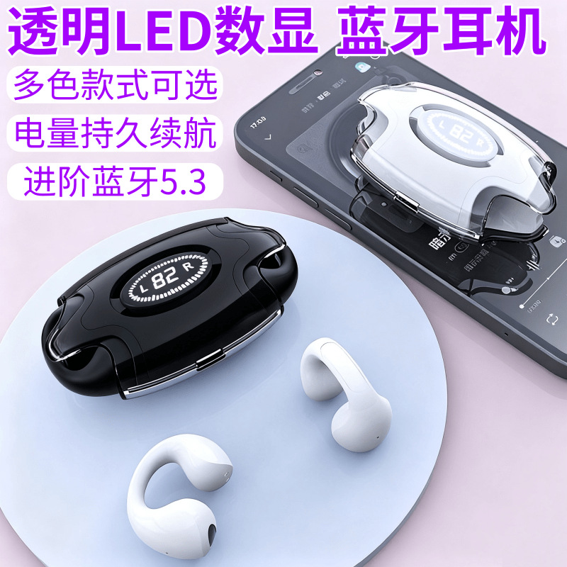 Cross-border transparent digital display E88 Bluetooth earphones, in-ear TWS non-in-ear sports wireless air conduction earbuds