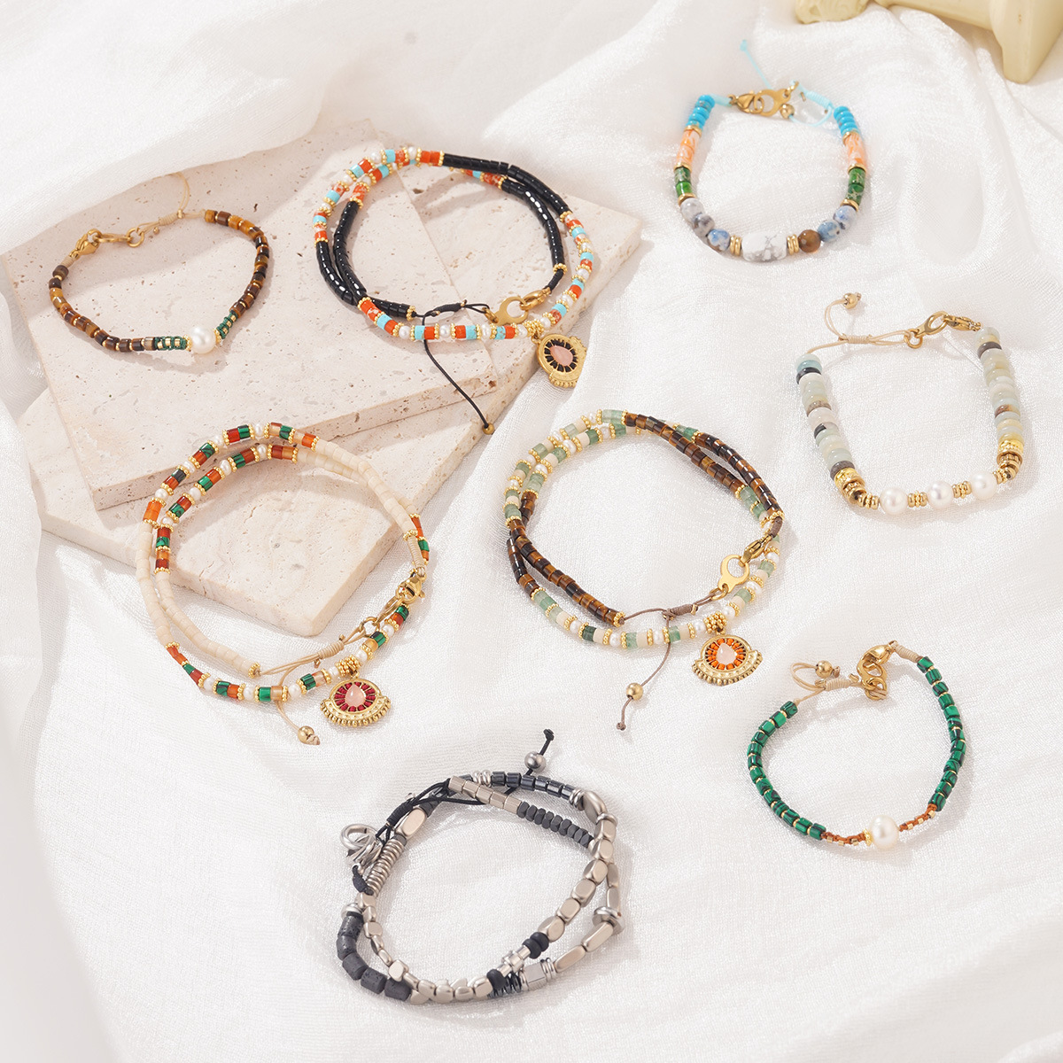 欧美彩色石头手饰新波西米亚风复古潮流不掉色时尚设计感串珠手链