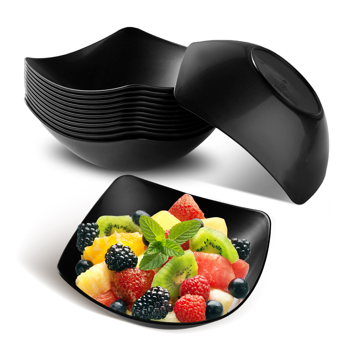 Cross-border microwave-safe black plastic plates, four-corner bowls, household high-quality appearance level vegetable bowls and plates, salad bowls, deep soup plates details Picture