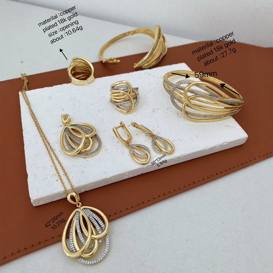 Cross-border bestseller copper zircon 18K gold electroplated bracelet, ring, earring, necklace set, personalized, fashionable, simple and versatile