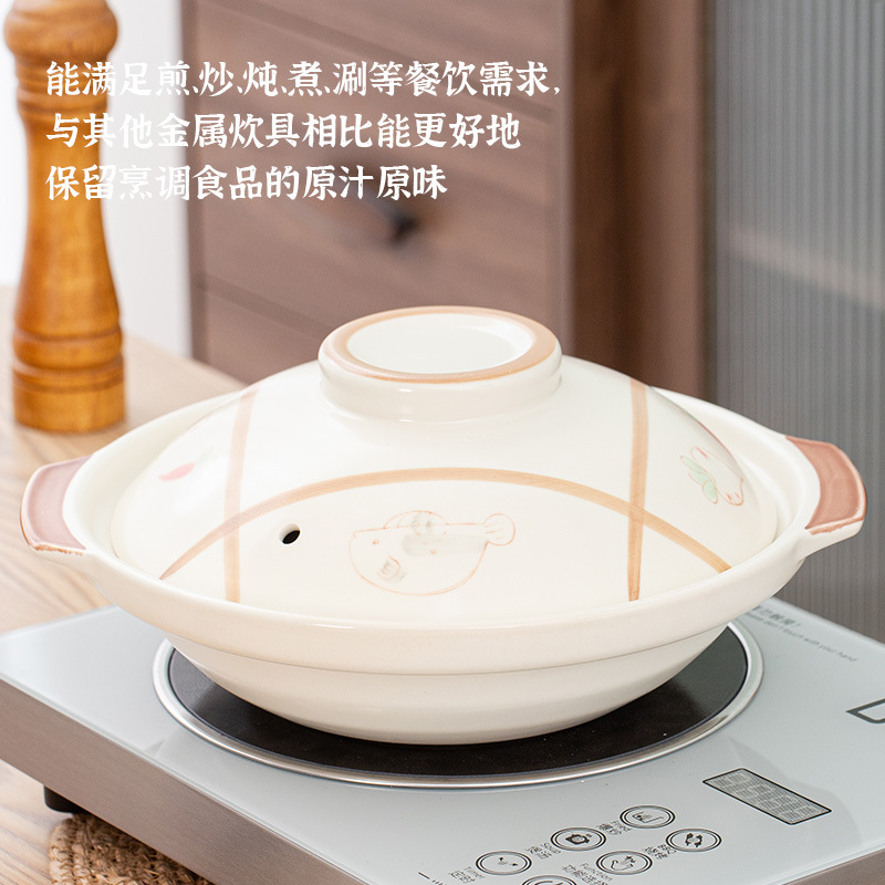 Jinhua lithium porcelain ceramic shallow-mouthed flat-bottomed clay pot, stew pot, soup pot, commercial pot, open flame high-temperature resistant household porcelain pot Application Scenario