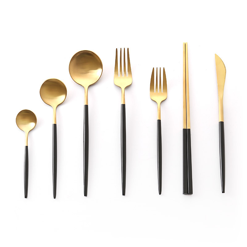 304不锈钢西餐刀叉勺葡萄牙刀叉小勺子黑金筷子餐具套装批发甜品