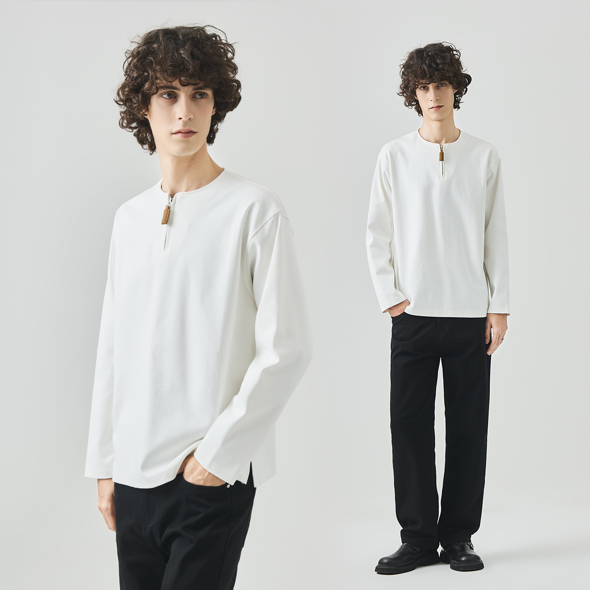 APO Men's Wear: Cross-border men's long-sleeved T-shirt with a light luxury and high-end feel, loose semi-zipper solid color casual innerwear Specification image