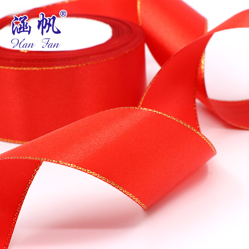 DIY Golden border red ribbon, red silk ribbon, car red ribbon, red satin ribbon wholesale, packaging color ribbon, wedding ribbon, fabric ribbon Specification image