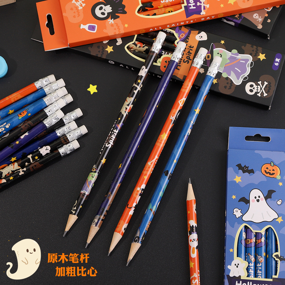 Cartoon children's eraser-tipped pencils Christmas holiday gift box, writing pencils, Halloween box set HB pencils details Picture