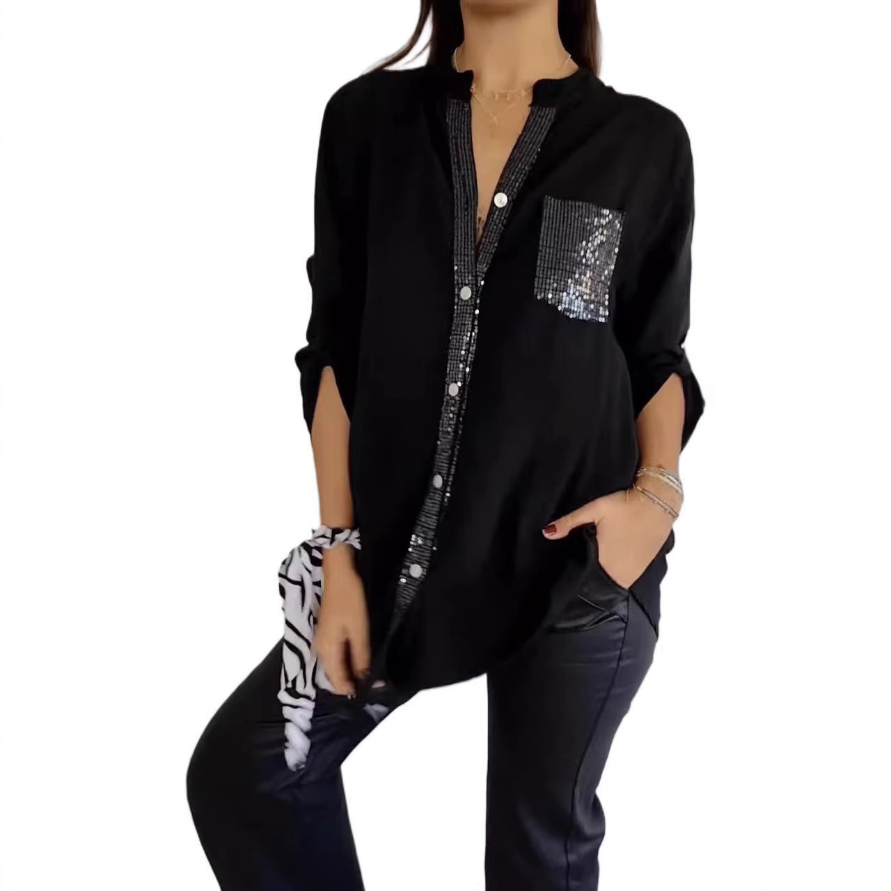 2025 New cross-border fashion sequined long-sleeved women's shirts from Europe and America are in stock full figure