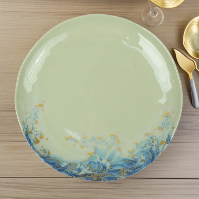 Green melamine tableware for foreign trade, round plates, large shallow plates, hotel and restaurant cold dish plates, side dish plates, manufacturer wholesale full figure