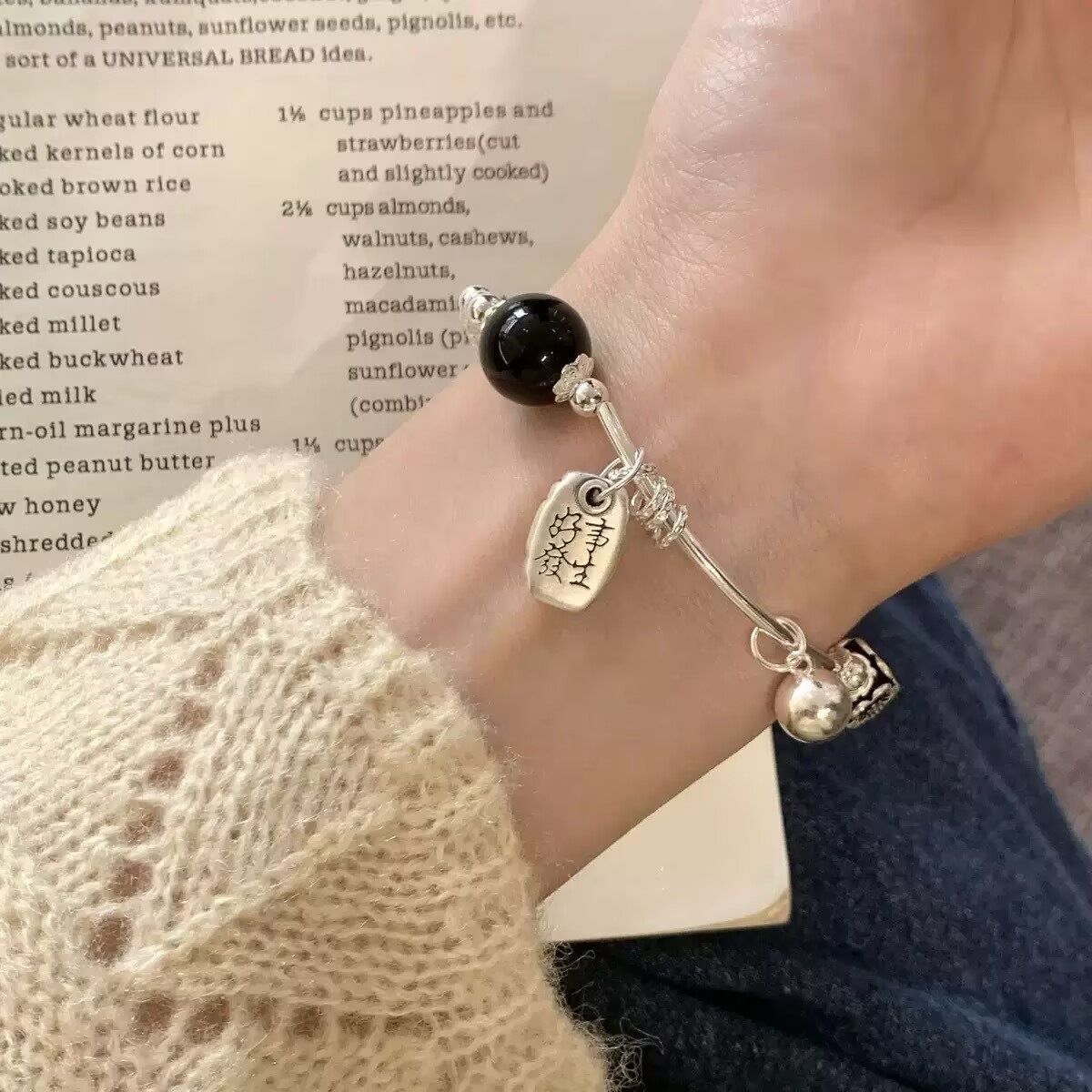 s925 sterling silver Good News Happens Black agate round bead bracelet, retro and aged, niche and versatile commuting bracelet silver jewelry