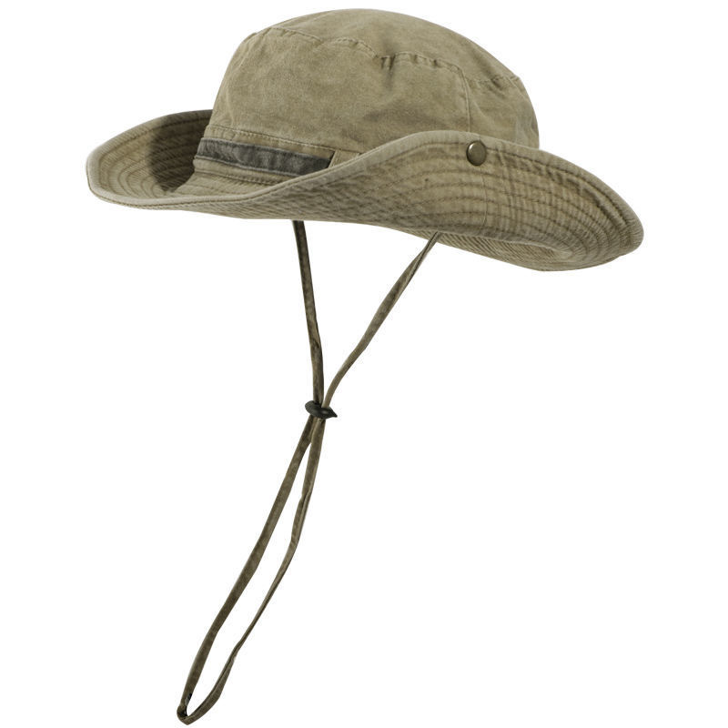 西部牛仔帽百搭出行遮阳防晒帽子大帽檐抽绳登山帽复古水洗渔夫帽白底实物图