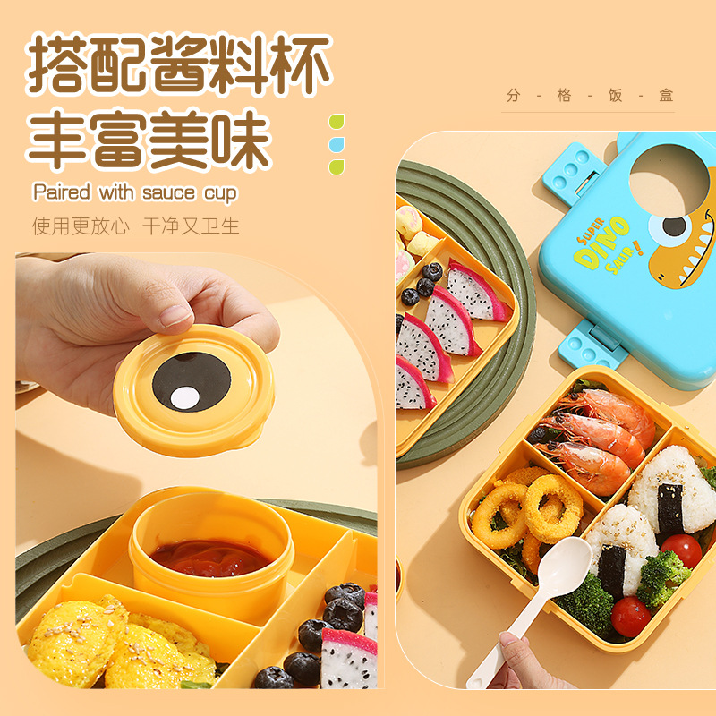Dinosaur sauce cup lunch box, plastic PP microwave heating tape rice box, double-layer separated salad lunch box wholesale Specification image