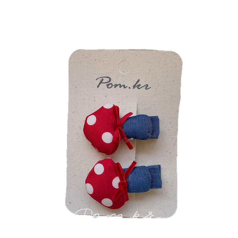 Korean red and white polka dot denim blue hair clip, bangs clip, side clip, sweet color-blocking hair accessory, mushroom cherry hair clip, Pom.kr Red polka dot denim hair accessory: cherry bow style, sweet, cool and cute, energetic for autumn and winter Item Picture