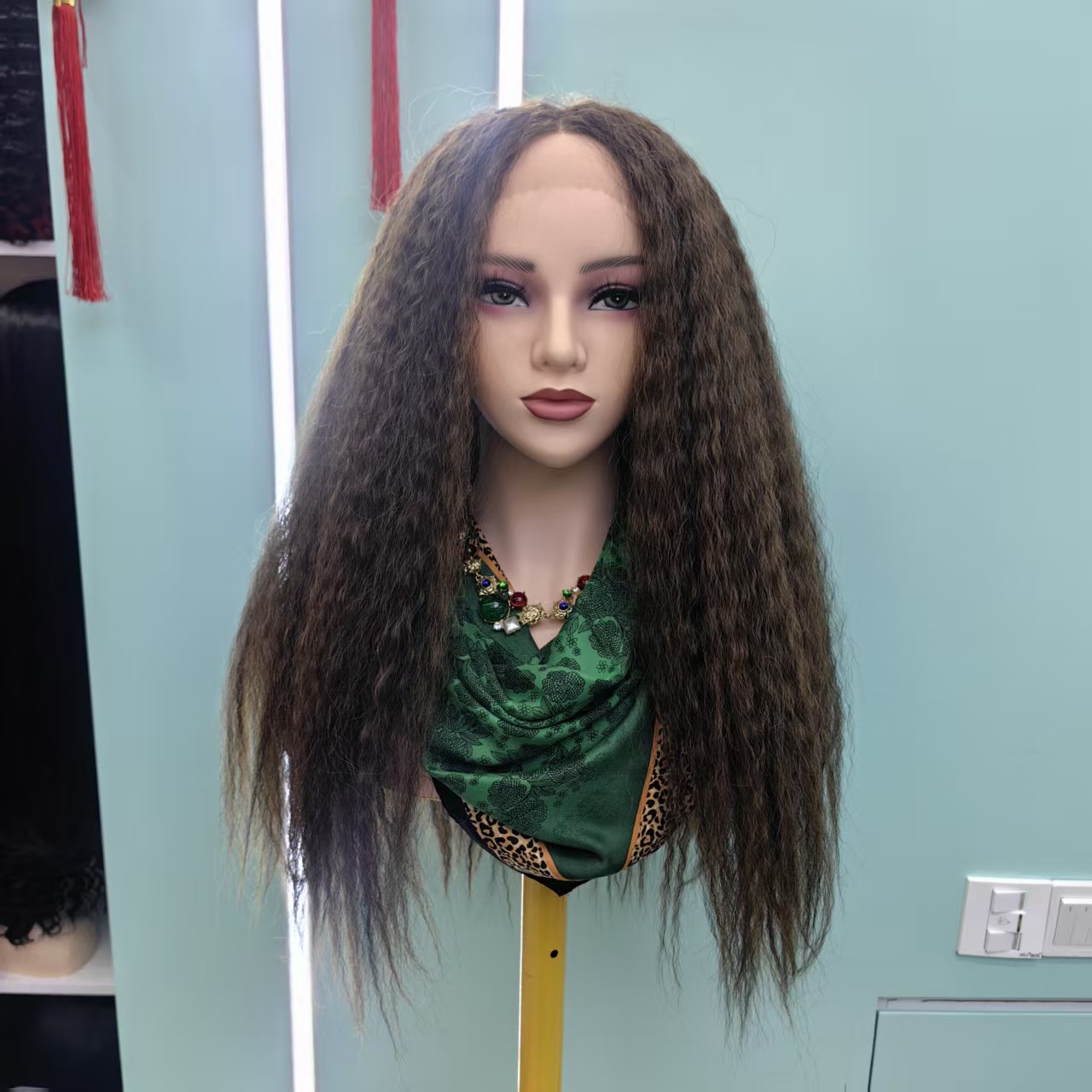 厂家直销假发女时尚小卷发水波纹玉米烫中分整顶头套浅棕色