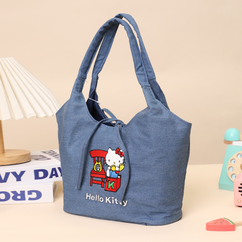 Sanrio official HelloKitty denim canvas doll single-shoulder bag KT cat cute doll armpit bag doll details Picture