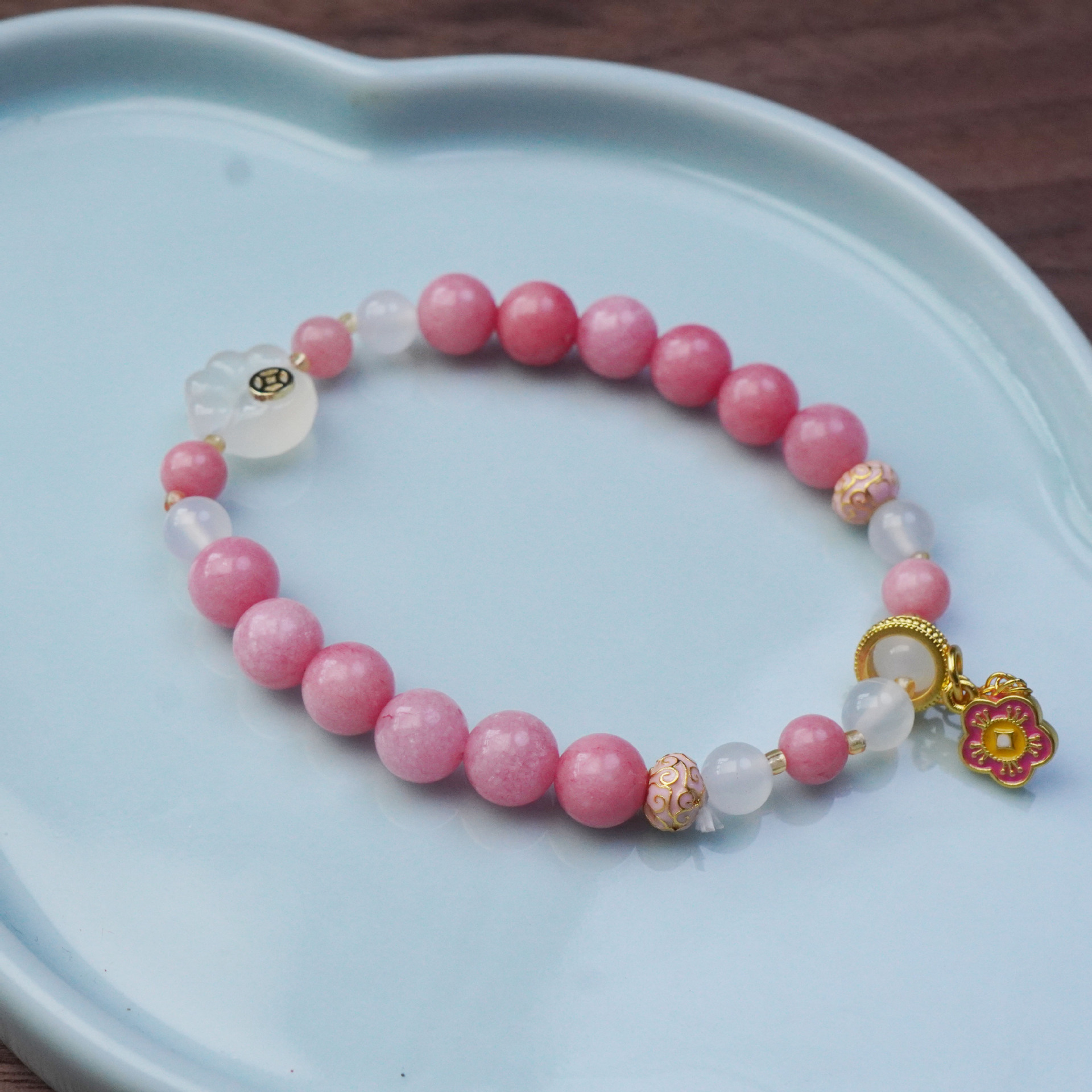 寺庙同款南京有钱花粉水晶手串玛瑙少女粉梅花招财猫水晶手链饰品