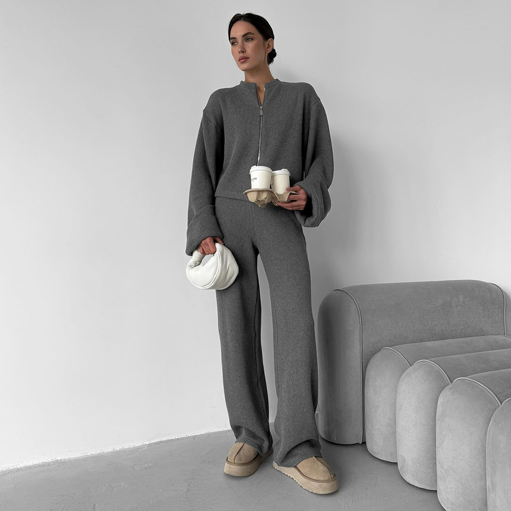 Cross-border knitted long-sleeved wide-leg long pants set, European and American 2025 autumn/Winter new zipper coat long pants casual set full figure