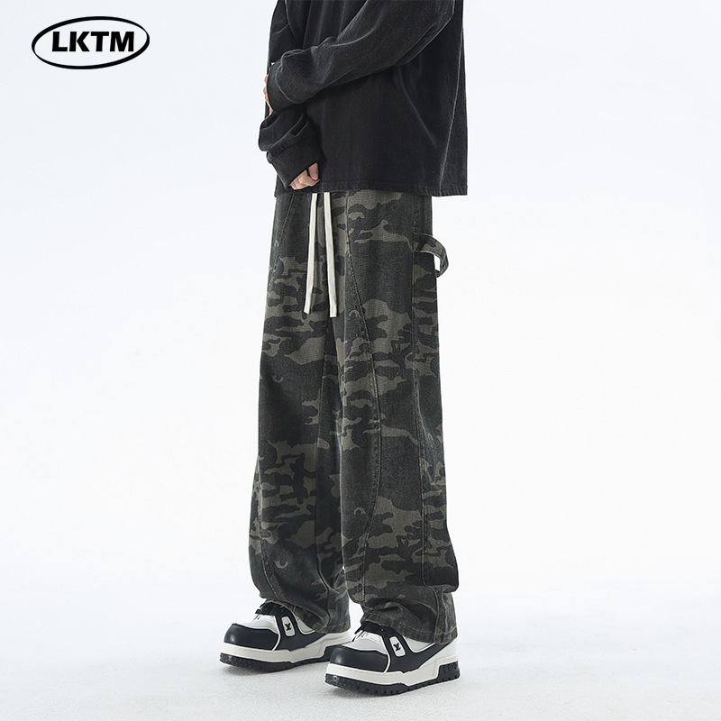 LKTM男装#初秋新款迷彩工装裤男美式潮流拼接抽绳松紧腰直筒长裤
