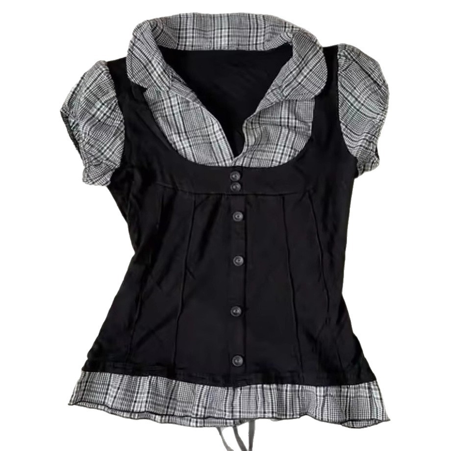 2026 Summer casual and comfortable lapel striped single-breasted slim short-sleeved women's shirt top, versatile for commuting Item Picture