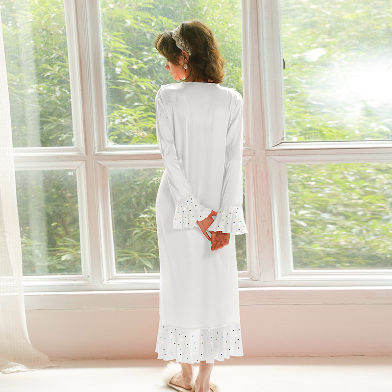 Feiyun Wholesale elegant V-neck ruffled diamond long bathrobes for women in multiple colors to choose from, smooth home wear supply 812 Specification drawing