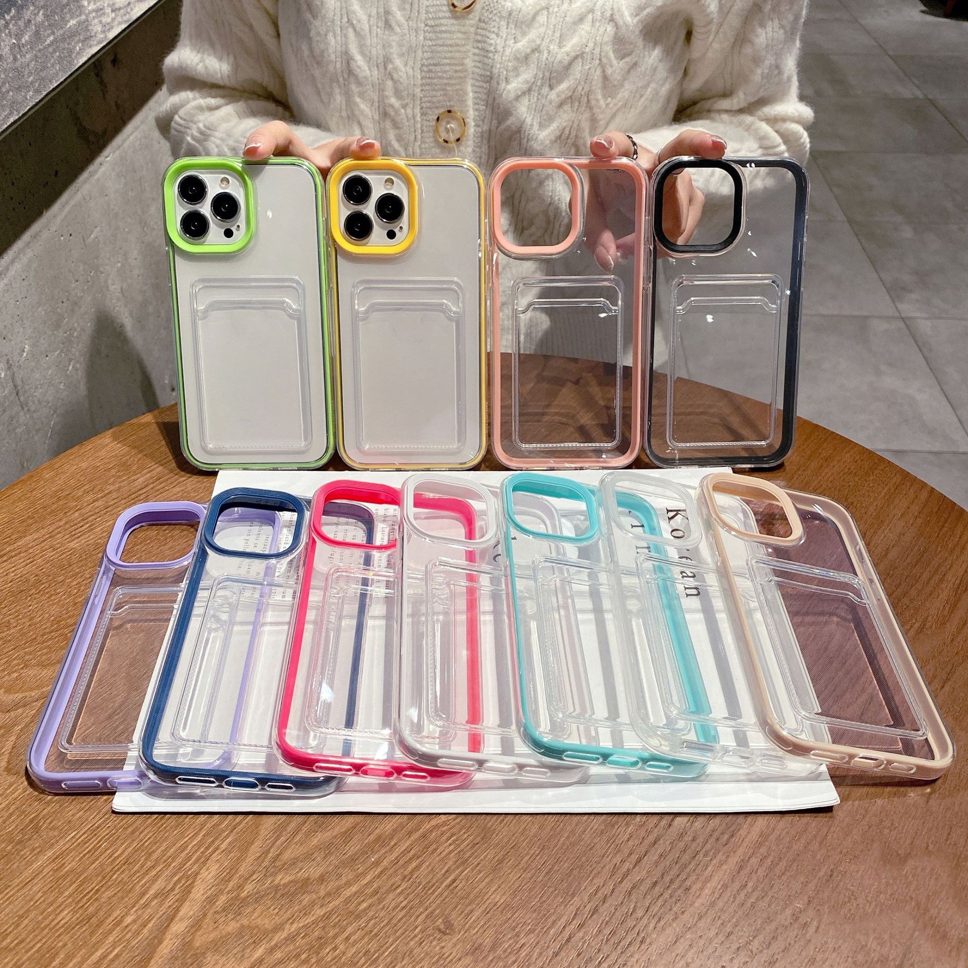 Cross-border transparent creative card case suitable for iPhone16, iPhone 16promax phone case 15, card insertion 14, solid color