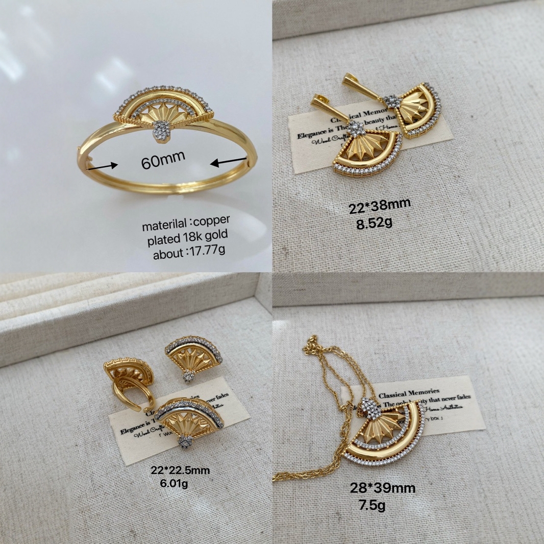 Retro Bohemian style, unique fan-shaped two-tone gold, fashionable and trendy, exquisite diamond-encrusted set details Picture