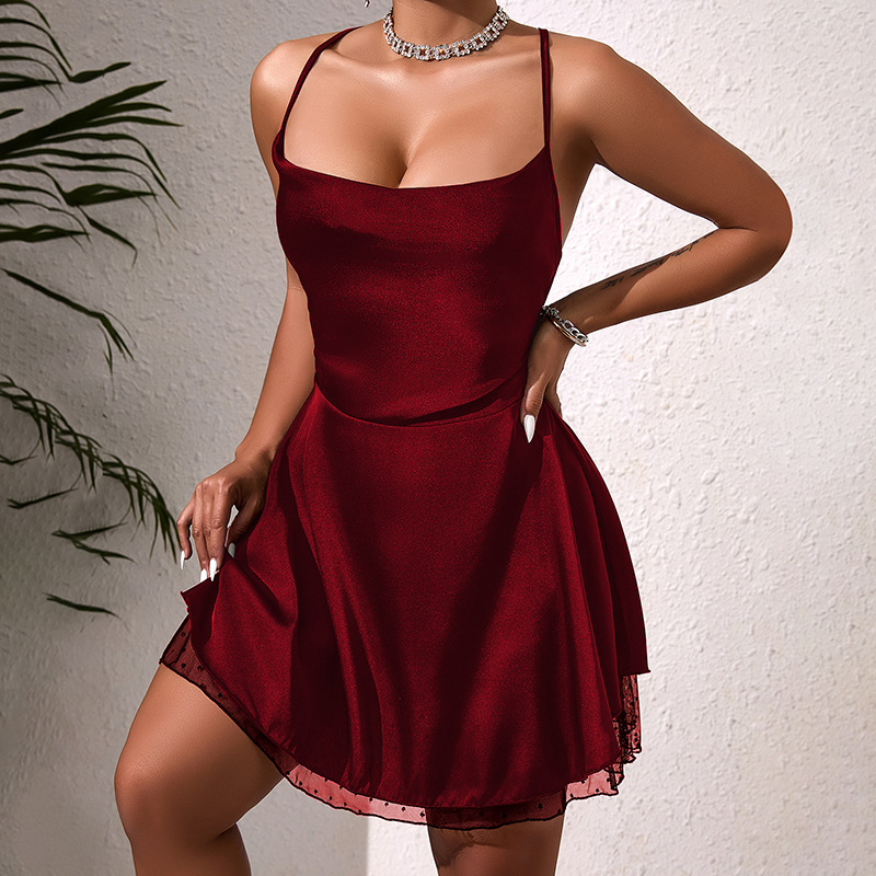 Temu's cross-border best-selling satin halter dress, backless cross-laced lace patchwork independent station home wear 840 details Picture