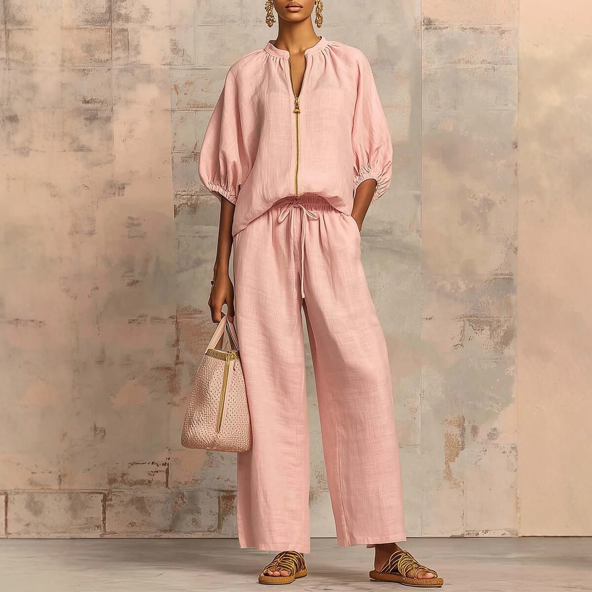 2026 Summer New European and American cross-border women's clothing export casual Loose solid color zipper round neck wide-leg pants set for women full figure