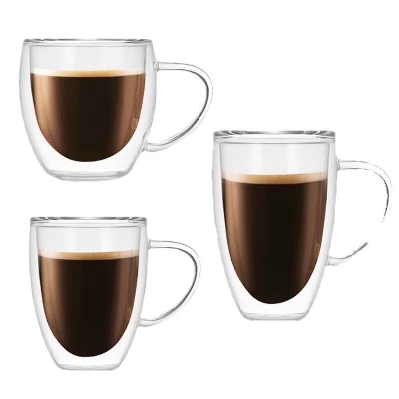 Transparent glass double-layer cup, household milk tea, coffee drinking cup with handle, heat-insulating tea brewing cup, high borosilicate tea Item Picture