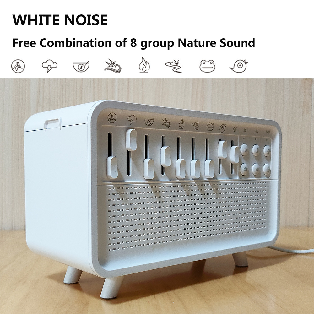 The new white noise sleep device helps you sleep, calm your mind and improve your sleep quality. It is a wonderful device with an aromatherapy humidifier and a night light for sleep Specification image
