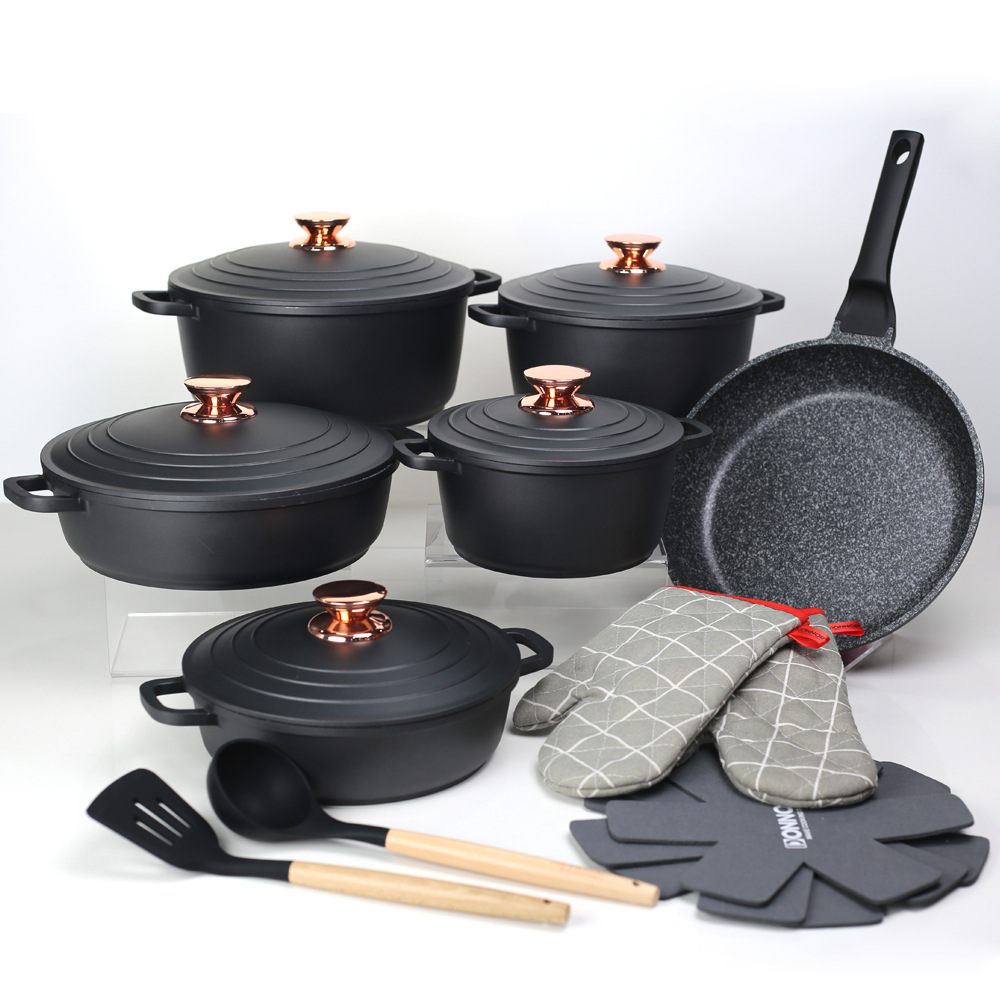 Donnor canon 18pcs set aluminio fundido esmalte antiadherente granito aluminio tapa set pote exterior revestimiento fondo caja de color