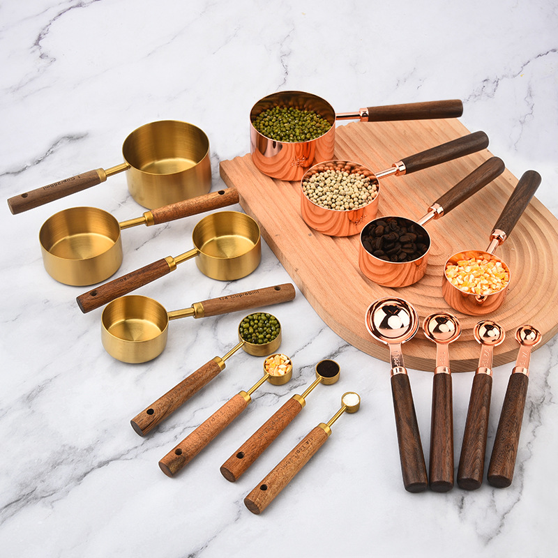 Walnut wood measuring cup and measuring spoon 8-piece set, stainless steel measuring spoons 15ml, 30ml coffee spoons, baking measuring spoons, measuring spoons