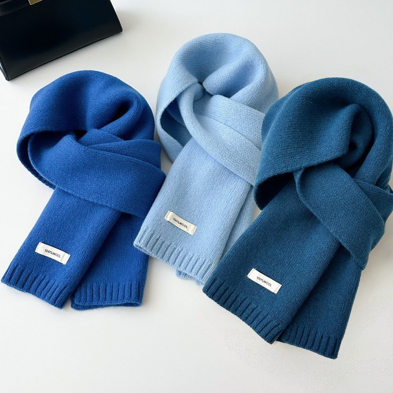 Blue high-end 100% wool scarf for women's winter solid color knitted versatile Korean-style student scarf for warmth