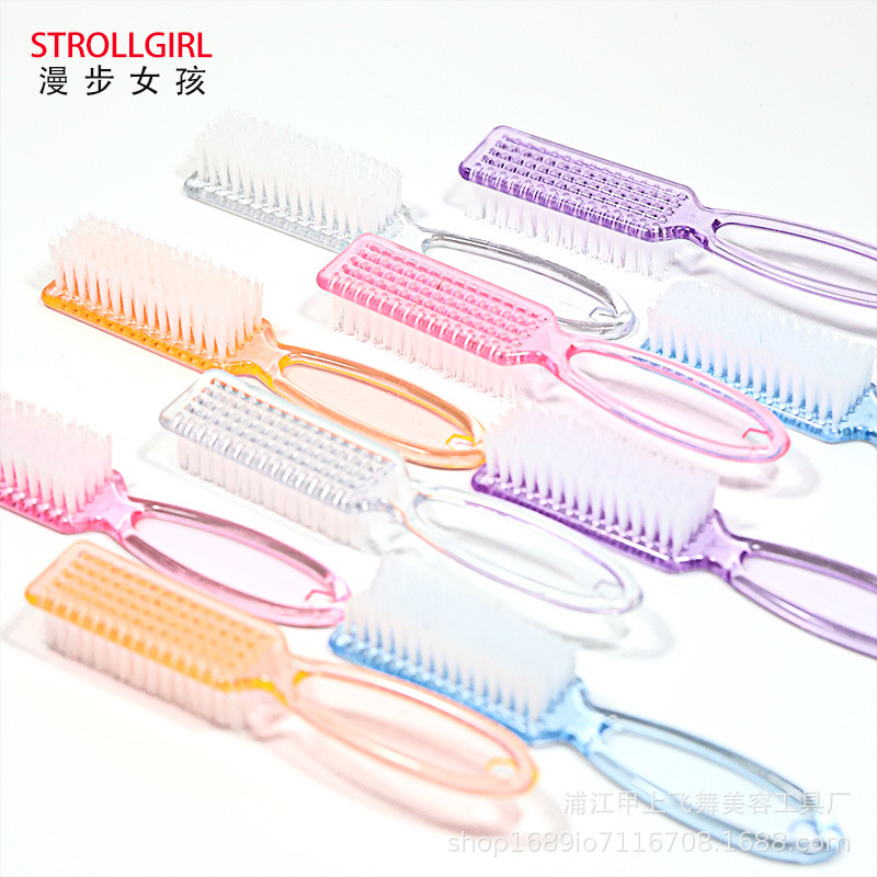 跨境现货彩色粉尘刷手柄美甲工具透明多功能羊角大号指甲清洁刷子