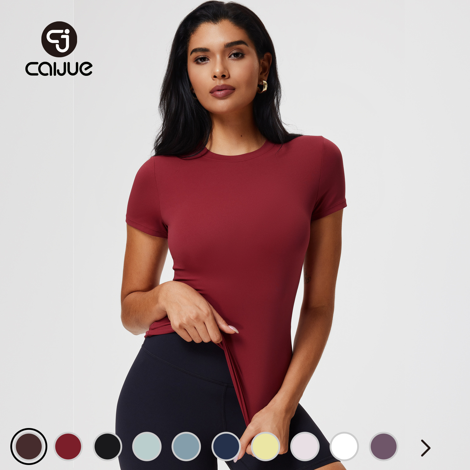 才爵女装正肩夏季短袖t恤女式高弹修身健身服运动裸感瑜伽服上衣