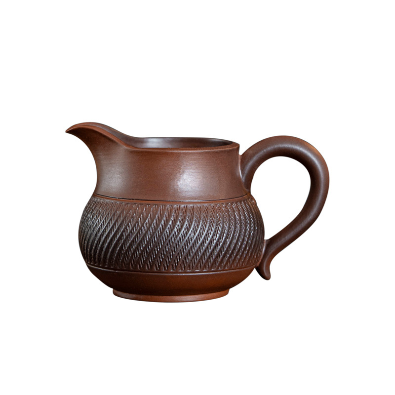 粗陶姣纹纯手工公道杯侧把复古功夫茶具大容量茶水分离器配件白底实物图