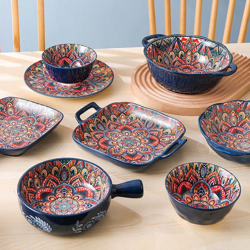 Bohemian ceramic tableware, Orantis bowls, plates, retro hand-painted rice plates, vegetable plates, household light luxury rice bowls wholesale