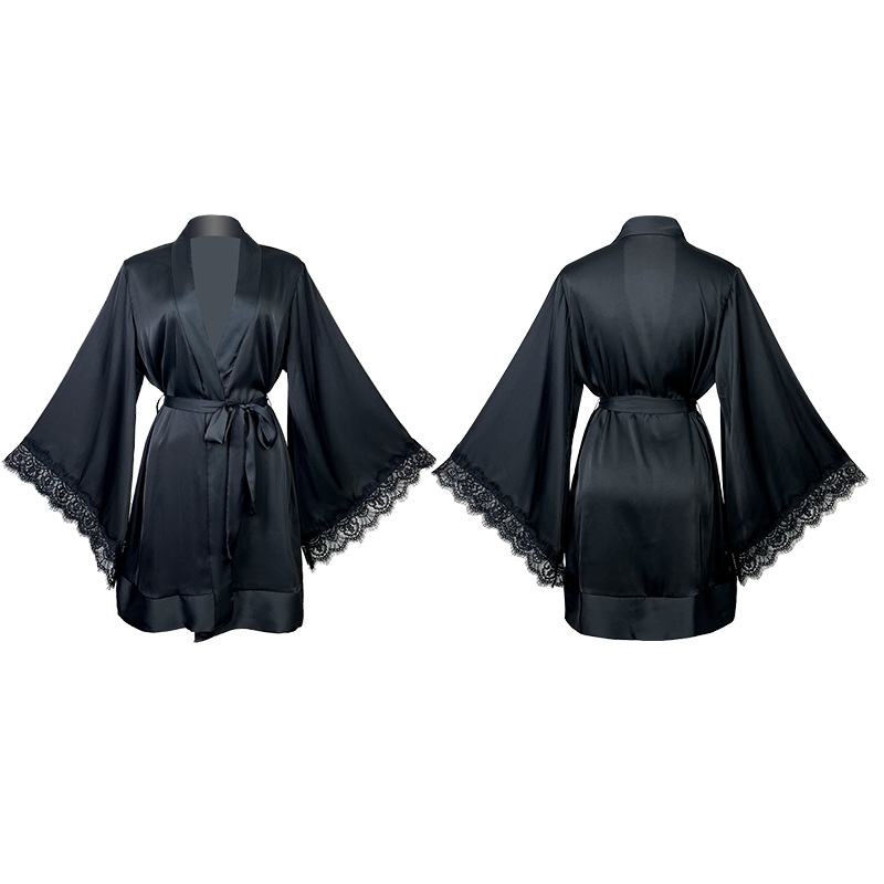European and American cross-border sexy bathrobes, mid-style bathrobes, romantic pajamas, long-sleeved women's satin home wear wholesale 735 Item Picture
