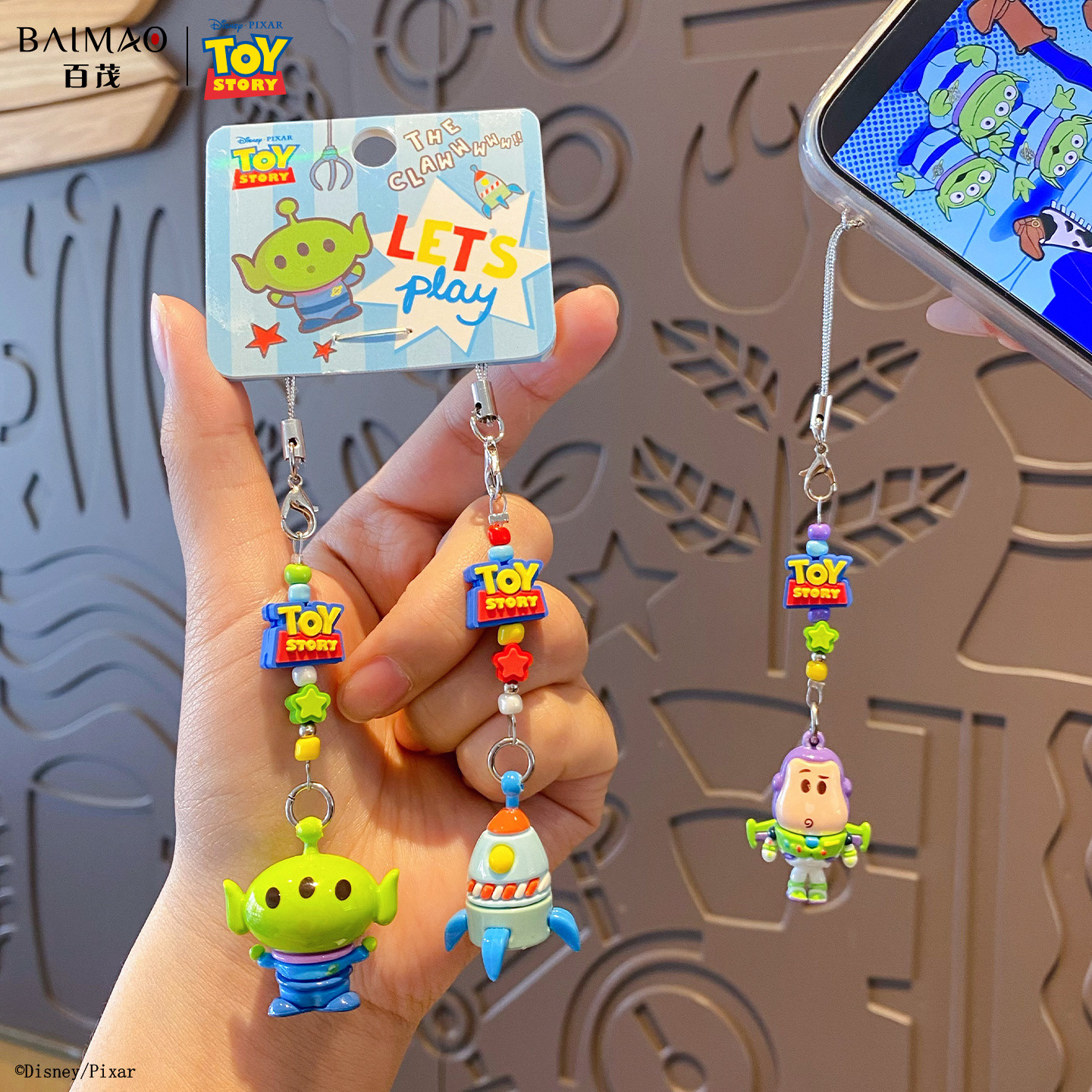 Official Toy Story cute bead keychain, cartoon and adorable Buzz Lightyear figurine keychain bag pendant Specification image