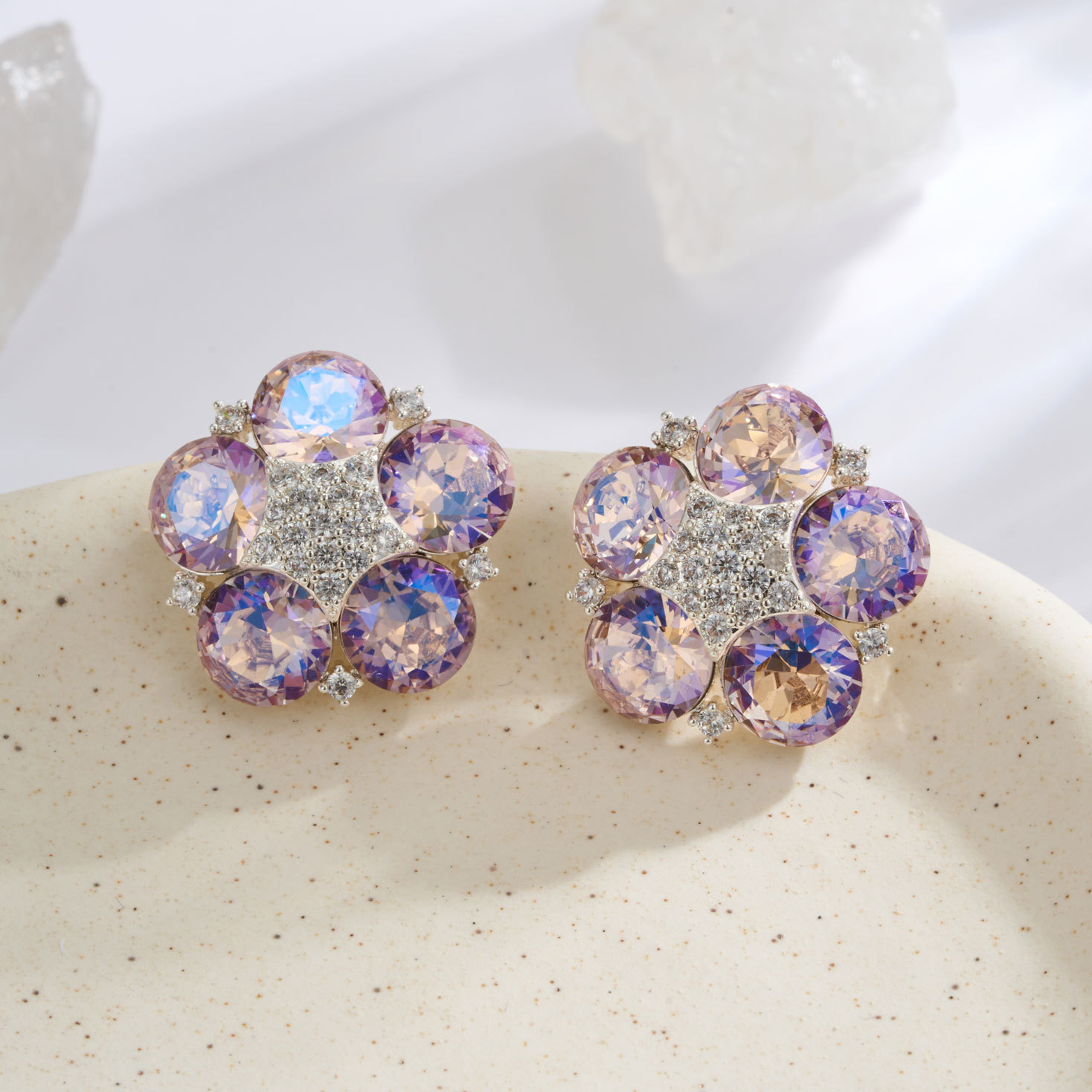 Light luxury high-sparkle five-petal flower stud earrings in copper alloy, slightly inlaid with zirconium colored crystal s925 silver needle high-end women's earrings Application Scenario