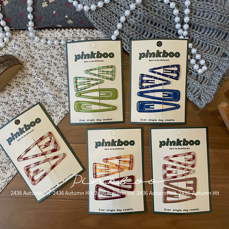 New Korean-style autumn checkered geometric hair clips, handcrafted for children, side cliffside bangs clips, two-piece bye-bye clips for girls, pinkboo multi-color checkered hair clips, simple and fashionable, exquisite daily headwear for girls details Picture