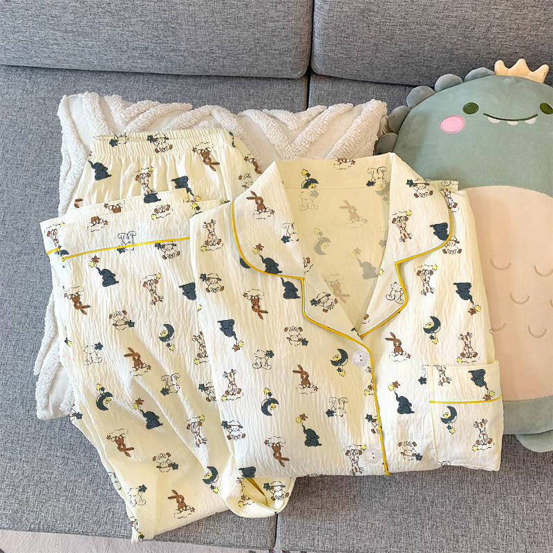 福盛(官图)皱布克高品质春秋季卡通开衫女睡衣休闲套装家居服