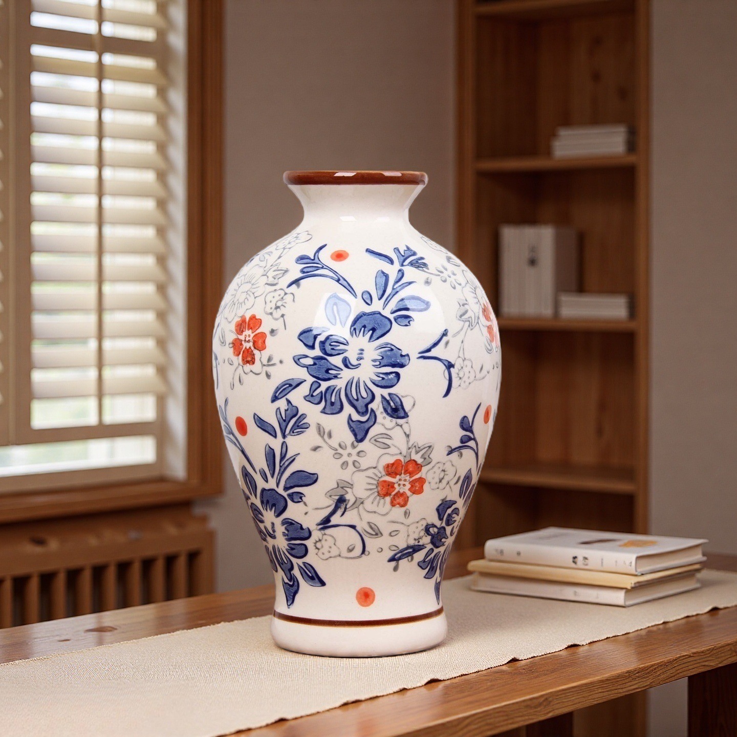 The blue and white porcelain hand-painted new Chinese-style retro peony flower ceramic vase has a high aesthetic level. It is a fresh flower arrangement for the living room entrance. The blue and white porcelain vase embellishes the elegant room. The flower shadows in front of the window, the fragrance of books accompanies the tranquility Specification image
