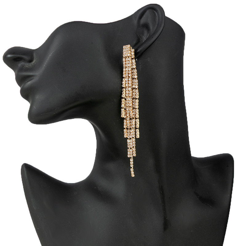Cross-border Korean version fashionable and elegant double-layer tassel rhinestone earrings, versatile evening dress and diamond-encrusted earrings details Picture