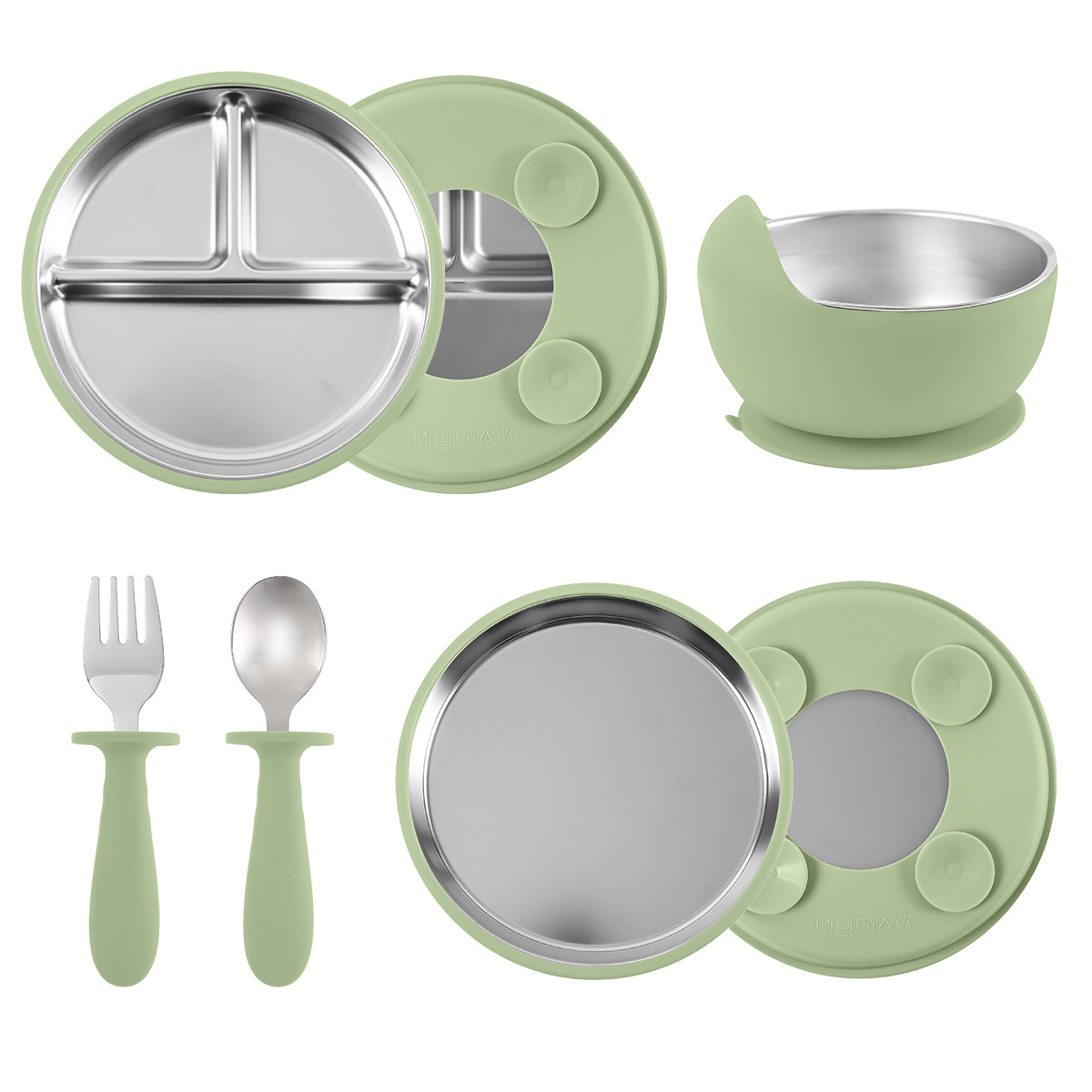 宝宝辅食吸盘餐盘碗叉勺套装跨境新品304不锈钢硅胶儿童喂养餐具