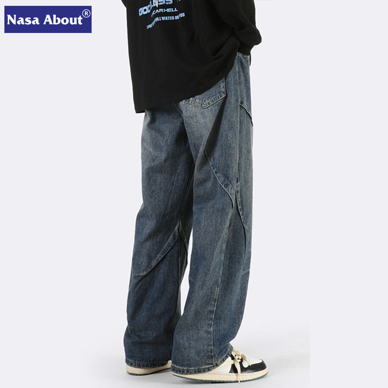 NASA美式高街复古牛仔裤男春秋季潮牌设计感宽松直筒裤休闲长裤细节图