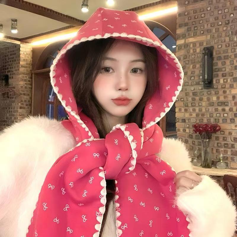 One-piece Korean smiling face print, cute lace, versatile hooded scarf, girl's knitted hat, winter warm scarf, cape, wholesale from street stalls details Picture