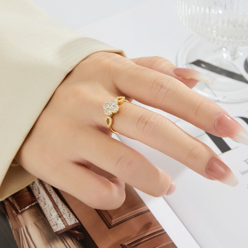 French light luxury four-leaf clover open ring, copper alloy, real gold electroplated with zirconium, adjustable index finger ring new style details Picture