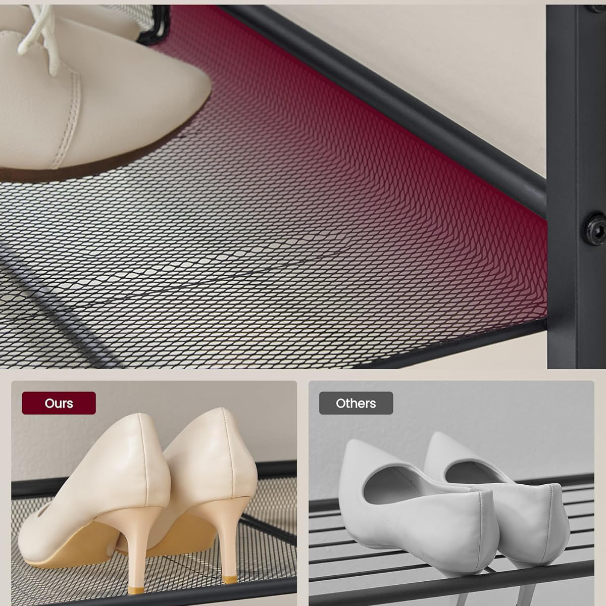 A best-selling shoe cabinet on Amazon cross-border e-commerce, featuring a five-layer inclined multi-functional iron-wood combination storage and dust-proof shoe rack Application Scenario