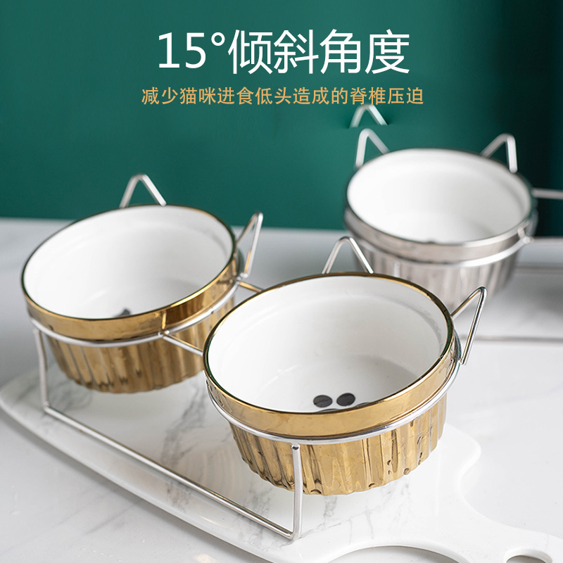 Gold-plated ceramic pet cat bowl, double bowl for cervical vertebrae protection, dog bowl, cat basin, cat food bowl, food bowl, rice bowl, stainless steel bowl stand Specification image