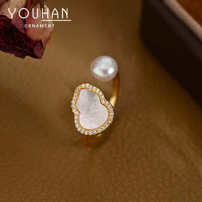 抖音直播热卖新中式风葫芦戒指女高级感巴洛克淡水珍珠指环食指戒