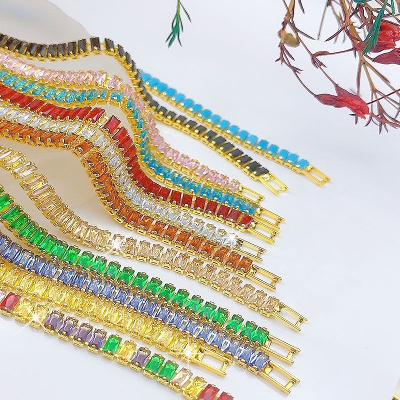 跨境新品欧美镶锆手链  铜镀18K金手链彩色水晶网球链情侣手链女产品图